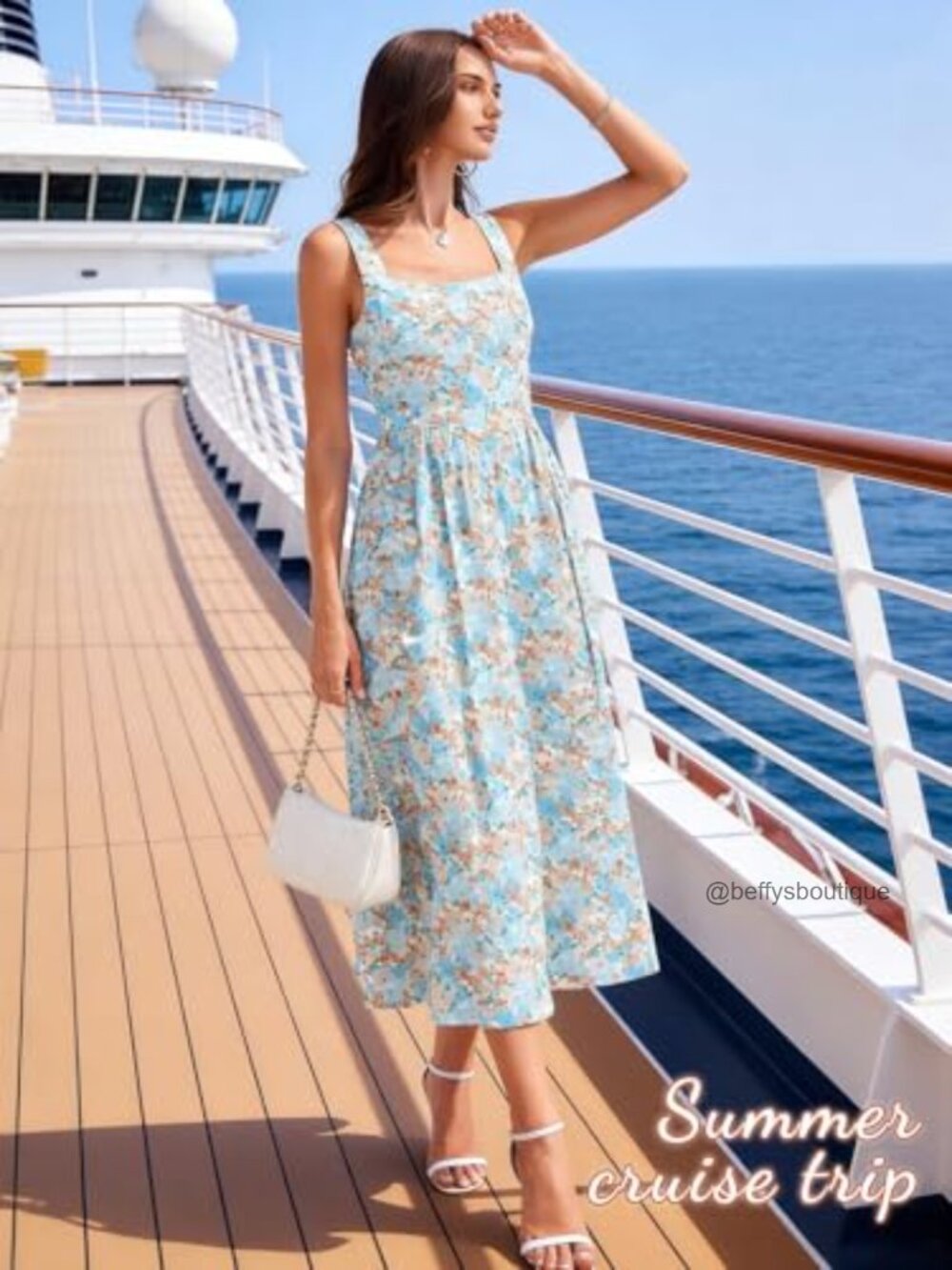 Midi Dress Square Neck Tank Sleeveless A Line Summer Dress with Pockets - Picture 5 of 7